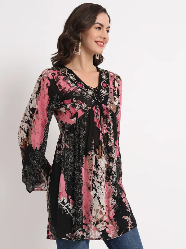 Pik_Floral_With_Abstract_Print_Tunic_Fit_And_Flare_Casual_Top_For_Women_|_Embroidery_V_Neck