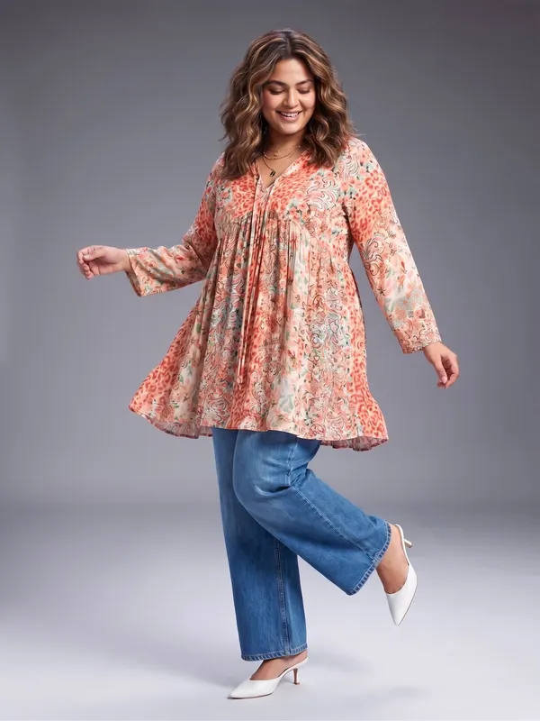 Plus_Size_RUST_Floral_Printed_Casual_Stylish_Longline_Top_For_Women
