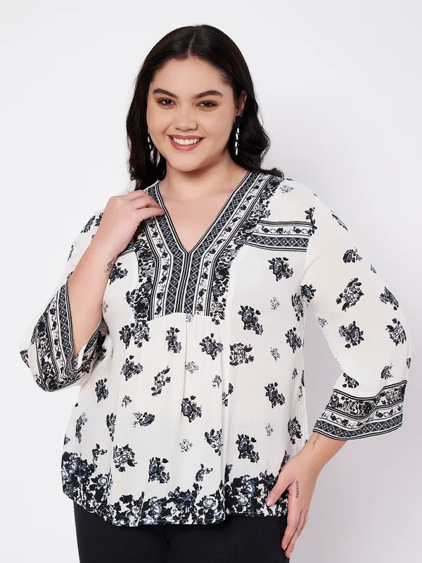 Plus_Size_Top,V_neck_full_sleeves_placemnent_printed_short_kurti