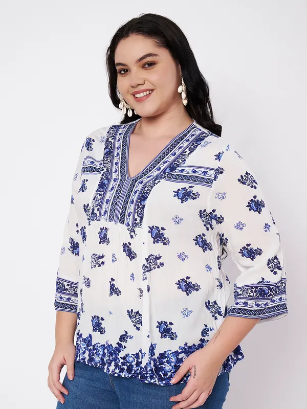 Plus_Size_Top,_V_neck_full_sleeves_placemnent_printed_short_kurti