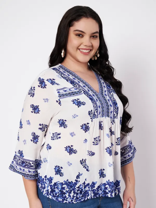 Plus_Size_Top,_V_neck_full_sleeves_placemnent_printed_short_kurti