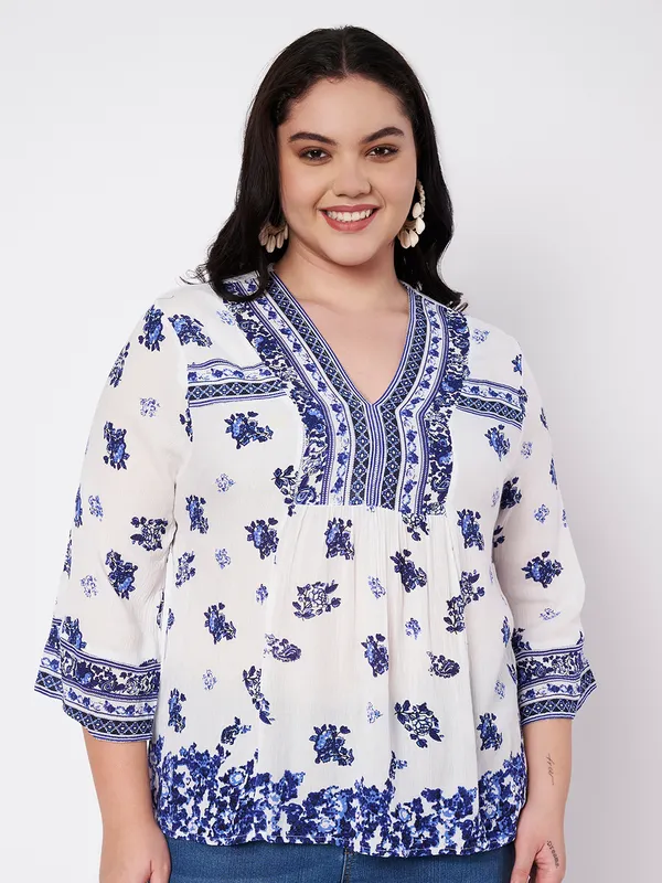 Plus_Size_Top,_V_neck_full_sleeves_placemnent_printed_short_kurti