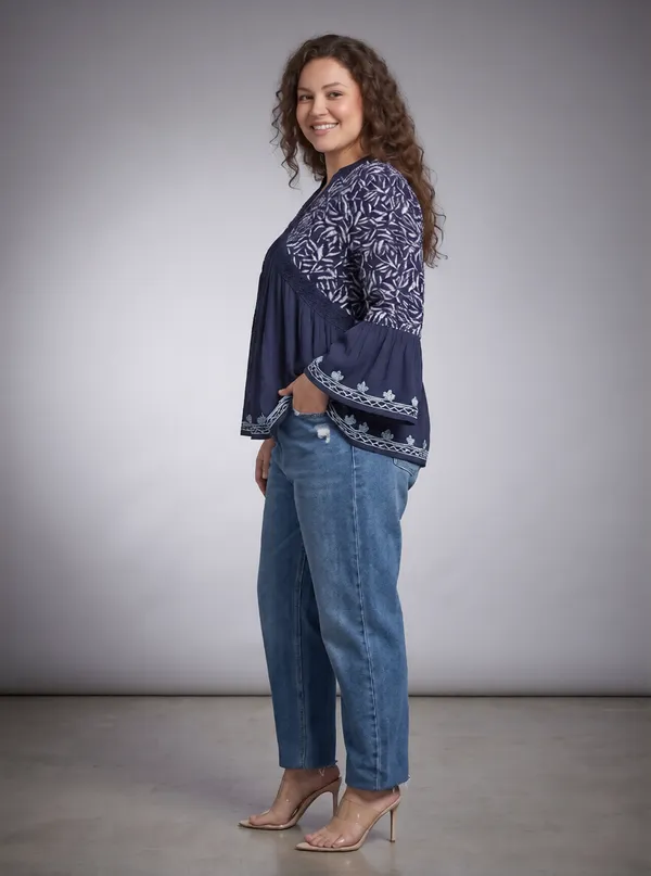 Plus_Size_V_Neck_Mandrain_Collor_Crochet_Lace_Embroidered_Bell_Full_Sleeves_Top