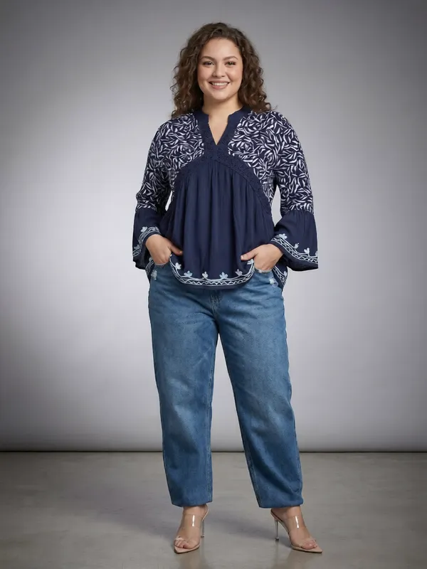 Plus_Size_V_Neck_Mandrain_Collor_Crochet_Lace_Embroidered_Bell_Full_Sleeves_Top