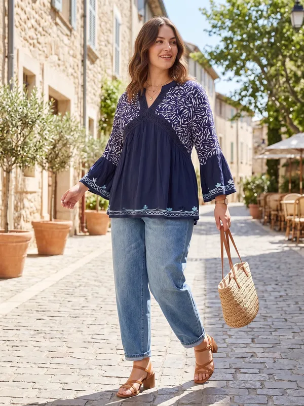 Plus_Size_V_Neck_Mandrain_Collor_Crochet_Lace_Embroidered_Bell_Full_Sleeves_Top