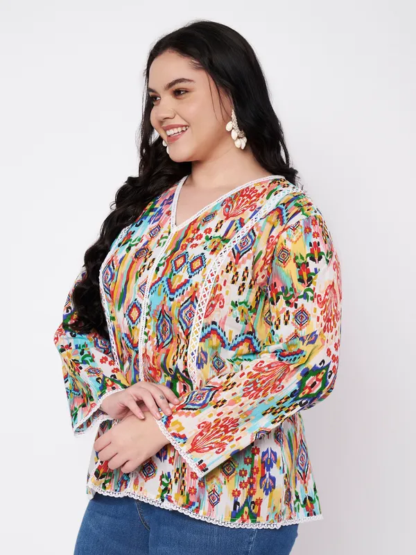 Plus_Size_top,pure_soft_cambric_cotton_lace_detailing_on_neck,_front_,sleeves_and_bottom_v_neck_full_sleeves_printed_kurti_top