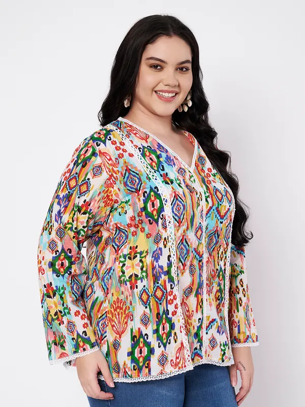 Plus_Size_top,pure_soft_cambric_cotton_lace_detailing_on_neck,_front_,sleeves_and_bottom_v_neck_full_sleeves_printed_kurti_top
