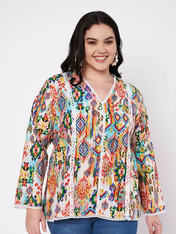 Plus_Size_top,pure_soft_cambric_cotton_lace_detailing_on_neck,_front_,sleeves_and_bottom_v_neck_full_sleeves_printed_kurti_top