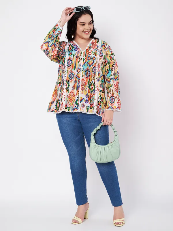 Plus_Size_top,pure_soft_cambric_cotton_lace_detailing_on_neck,_front_,sleeves_and_bottom_v_neck_full_sleeves_printed_kurti_top