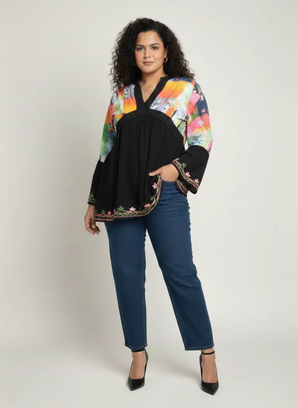 Plus_Size_tunic,_V_NECK_mandrain_collor_crochet_lace_embroidered_bell_full_sleeves_digital_print_top_