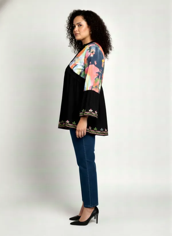 Plus_Size_tunic,_V_NECK_mandrain_collor_crochet_lace_embroidered_bell_full_sleeves_digital_print_top_