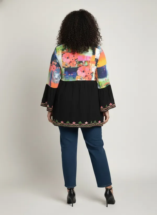 Plus_Size_tunic,_V_NECK_mandrain_collor_crochet_lace_embroidered_bell_full_sleeves_digital_print_top_