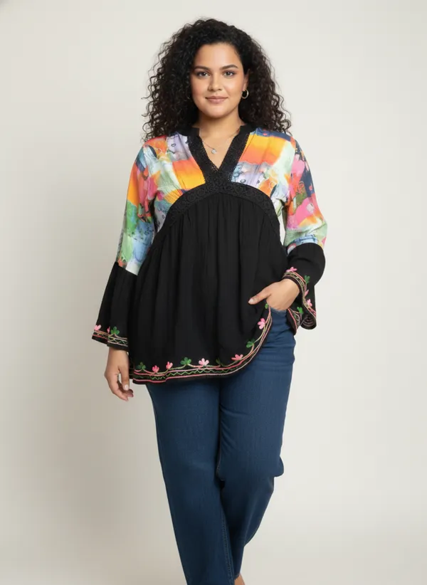 Plus_Size_tunic,_V_NECK_mandrain_collor_crochet_lace_embroidered_bell_full_sleeves_digital_print_top_