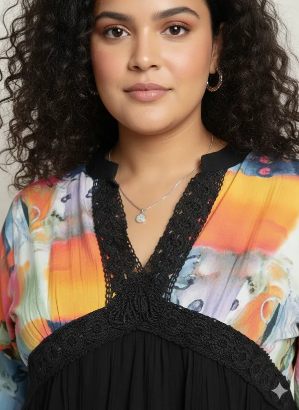 Plus_Size_tunic,_V_NECK_mandrain_collor_crochet_lace_embroidered_bell_full_sleeves_digital_print_top_