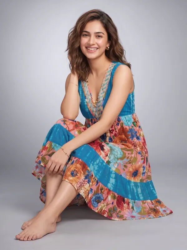 Tiered_v_neck__mix_and_match__,_zari_embrodered_lace_elastic_on_back_processed__haND_Tye_dye_washed_mini_dress