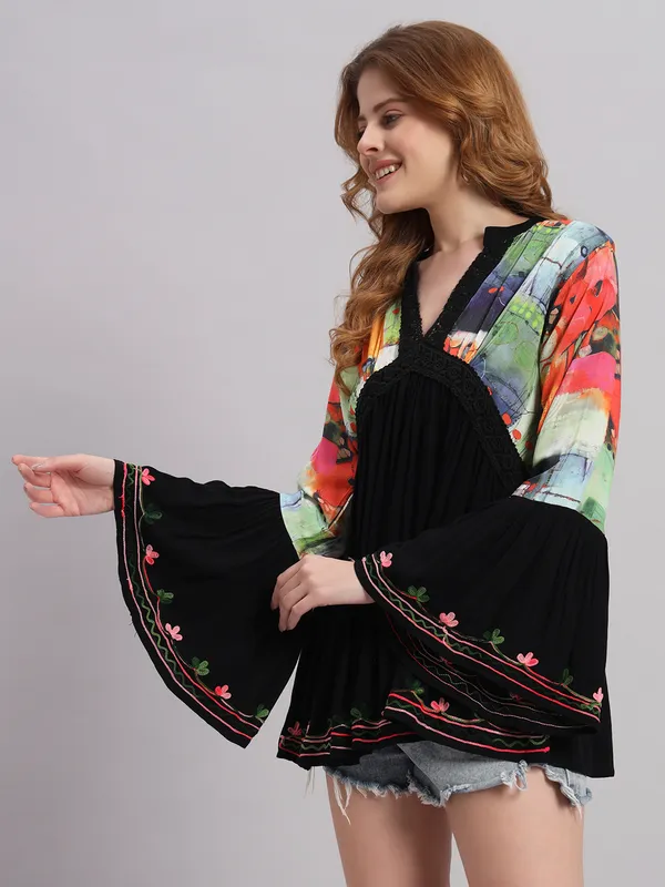 V_NECK_mandrain_collor_crochet_lace_embroidered_bell_full_sleeves_digital_print_top_