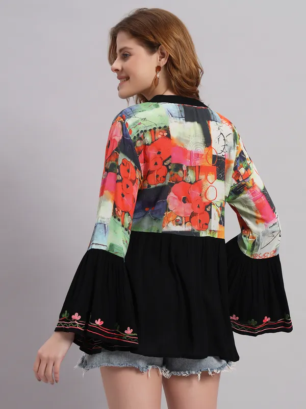 V_NECK_mandrain_collor_crochet_lace_embroidered_bell_full_sleeves_digital_print_top_