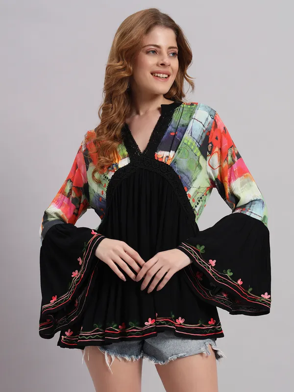 V_NECK_mandrain_collor_crochet_lace_embroidered_bell_full_sleeves_digital_print_top_