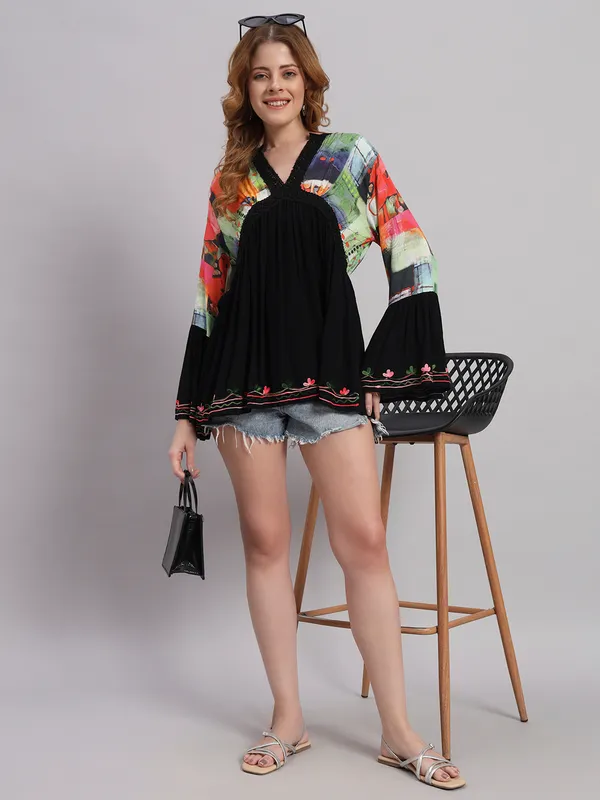 V_NECK_mandrain_collor_crochet_lace_embroidered_bell_full_sleeves_digital_print_top_