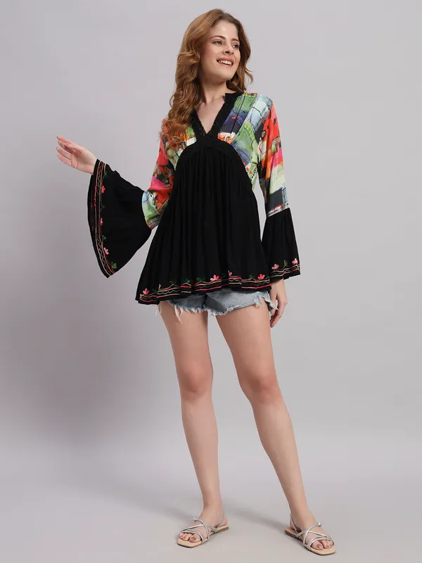 V_NECK_mandrain_collor_crochet_lace_embroidered_bell_full_sleeves_digital_print_top_
