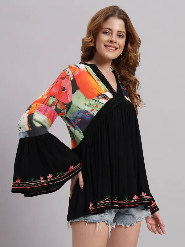 V_NECK_mandrain_collor_crochet_lace_embroidered_bell_full_sleeves_digital_print_top_