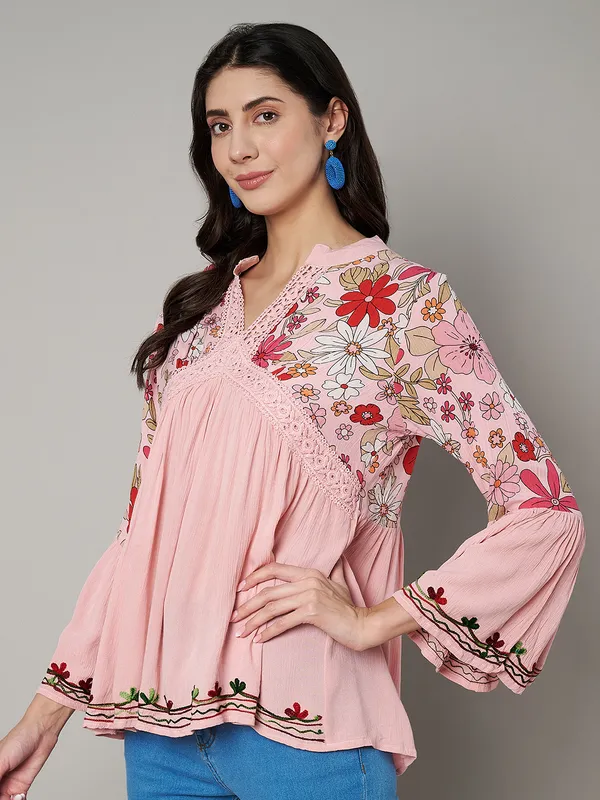V_NECK_mandrain_collor_crochet_lace_embroidered_bell_full_sleeves_top_