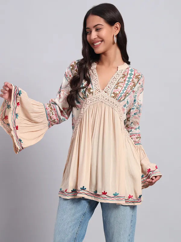 V_NECK_mandrain_collor_crochet_lace_embroidered_bell_full_sleeves_top_