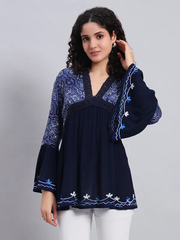 V_NECK_mandrain_collor_crochet_lace_embroidered_bell_full_sleeves_top