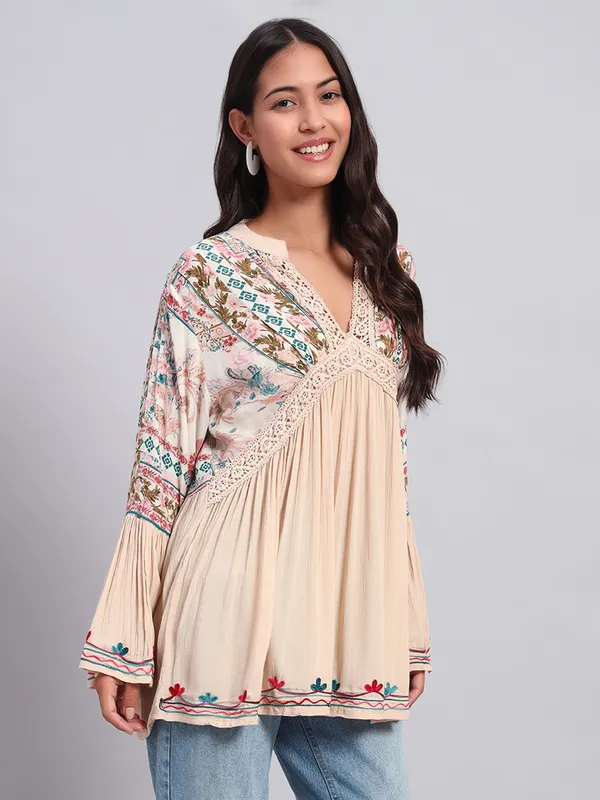 V_NECK_mandrain_collor_crochet_lace_embroidered_bell_full_sleeves_top_
