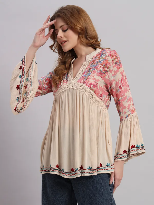 V_NECK_mandrain_collor_crochet_lace_embroidered_bell_full_sleeves_top_