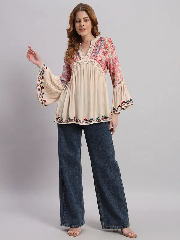 V_NECK_mandrain_collor_crochet_lace_embroidered_bell_full_sleeves_top_
