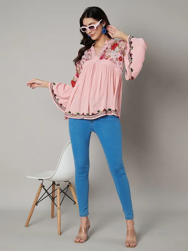V_NECK_mandrain_collor_crochet_lace_embroidered_bell_full_sleeves_top_