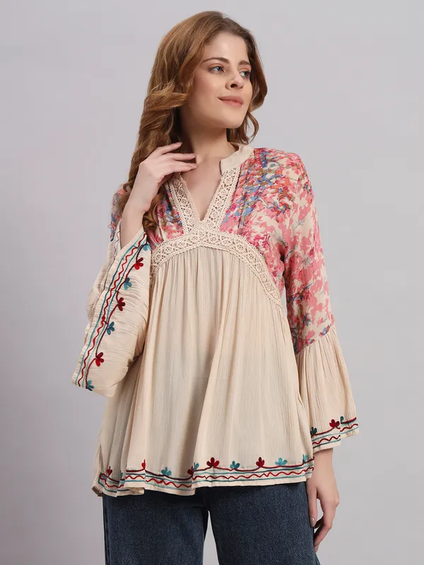 V_NECK_mandrain_collor_crochet_lace_embroidered_bell_full_sleeves_top_