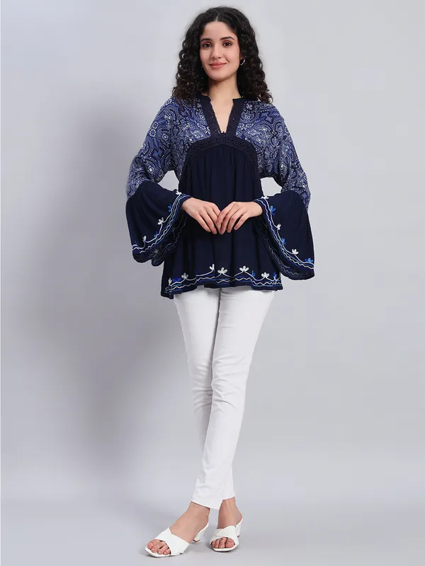 V_NECK_mandrain_collor_crochet_lace_embroidered_bell_full_sleeves_top