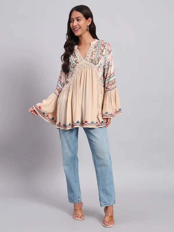 V_NECK_mandrain_collor_crochet_lace_embroidered_bell_full_sleeves_top_
