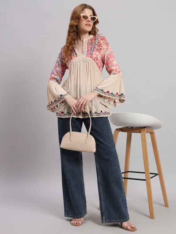 V_NECK_mandrain_collor_crochet_lace_embroidered_bell_full_sleeves_top_