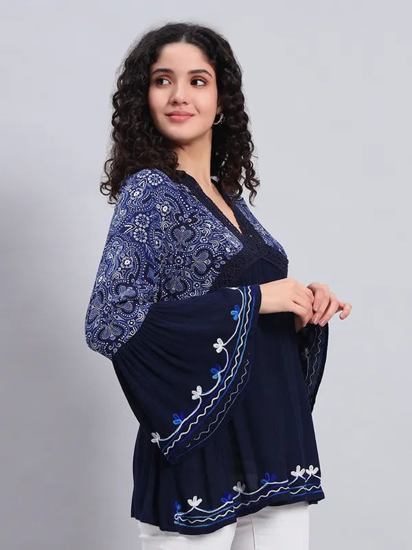 V_NECK_mandrain_collor_crochet_lace_embroidered_bell_full_sleeves_top