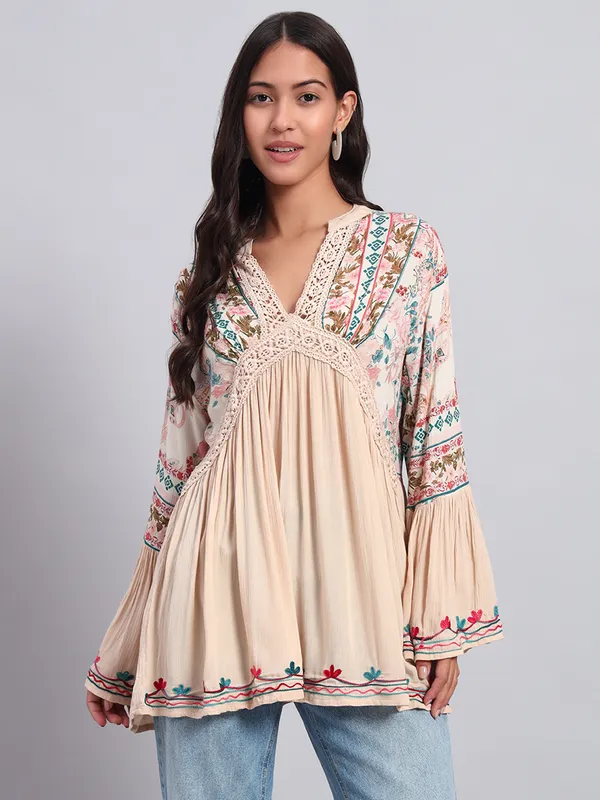 V_NECK_mandrain_collor_crochet_lace_embroidered_bell_full_sleeves_top_