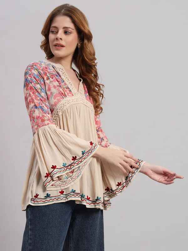 V_NECK_mandrain_collor_crochet_lace_embroidered_bell_full_sleeves_top_