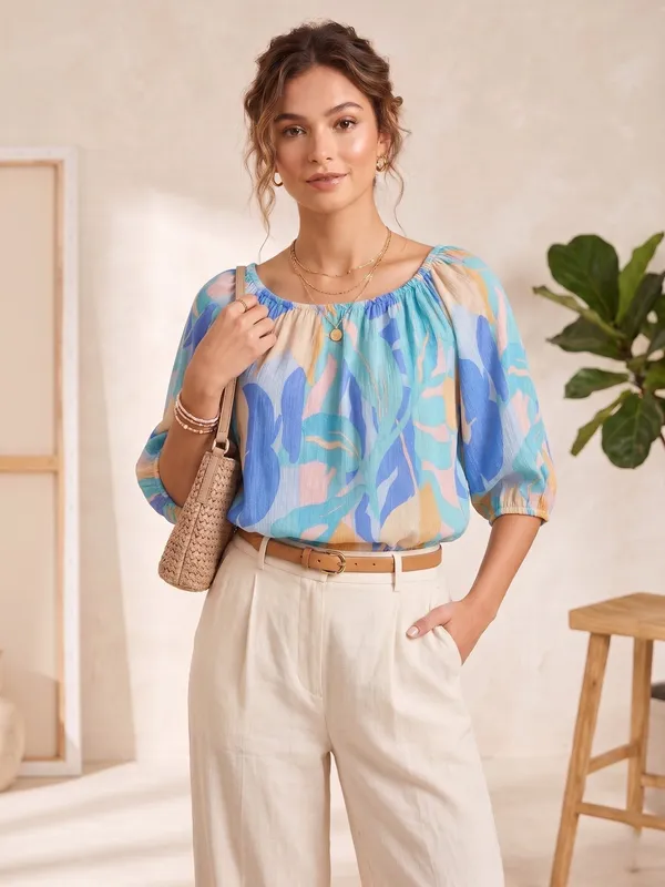 elastic_at_neck,sleeves_and_bottom,off_shoulder_neck_,_adjustable_length,3/4_slevees