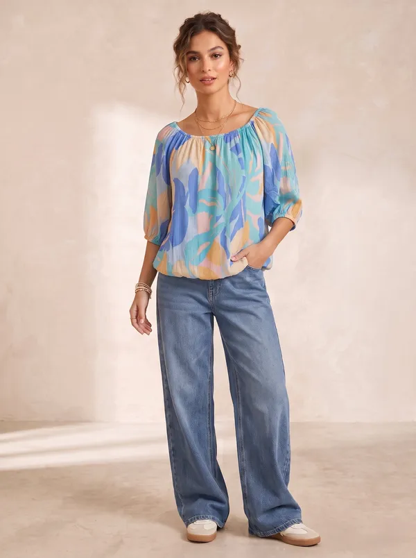 elastic_at_neck,sleeves_and_bottom,off_shoulder_neck_,_adjustable_length,3/4_slevees