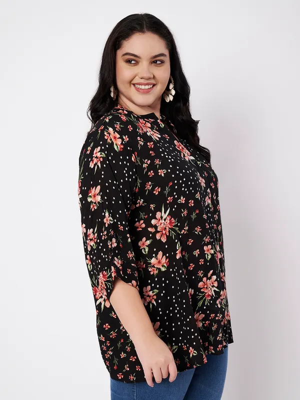 front_opening_buttons__mandarin_collor_,V_neck_,3/4_sleeves_printed_BLACK_shirt