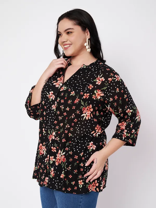 front_opening_buttons__mandarin_collor_,V_neck_,3/4_sleeves_printed_BLACK_shirt