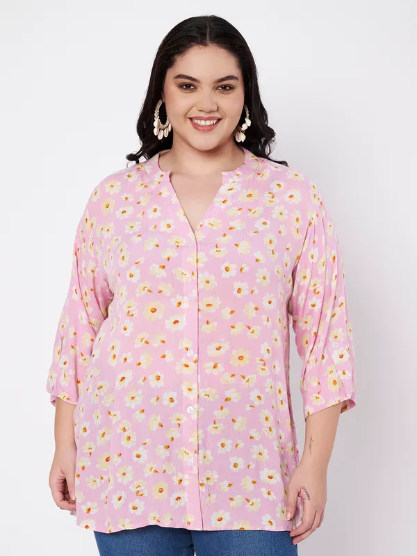 front_opening_buttons_mandarin_collor_,V_neck_,3/4_sleeves__printed_PINK_shirt
