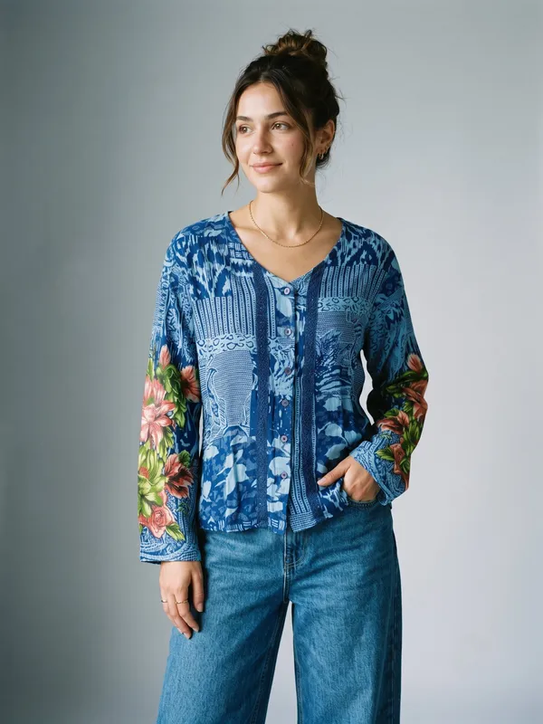 full_sleeves_v_neck,_front_button_open_,lace_in_front_,placement_printed_shirt