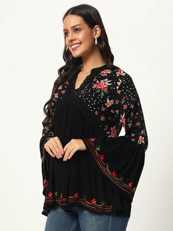 BLACK__V_NECK_CROCHET_LACE_EMBRIODERED_BELL_SLEEVES__FIT&_FLARE_TOP_FOR_PLUS_SIZE_AND_REGULAR_SIZE_WOMEN