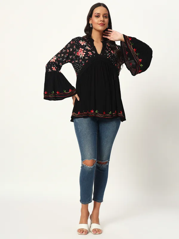 BLACK__V_NECK_CROCHET_LACE_EMBRIODERED_BELL_SLEEVES__FIT&_FLARE_TOP_FOR_PLUS_SIZE_AND_REGULAR_SIZE_WOMEN