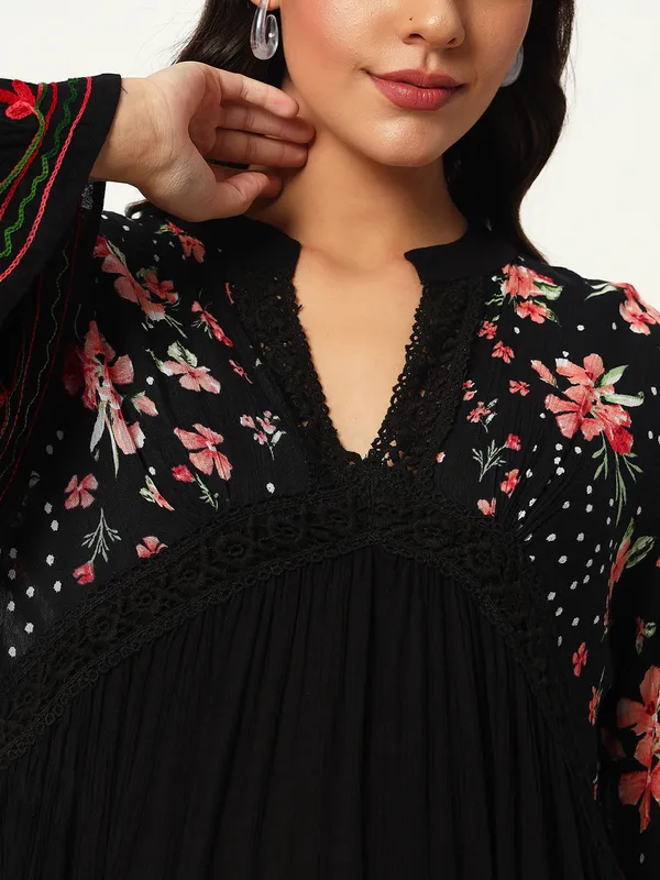 BLACK__V_NECK_CROCHET_LACE_EMBRIODERED_BELL_SLEEVES__FIT&_FLARE_TOP_FOR_PLUS_SIZE_AND_REGULAR_SIZE_WOMEN
