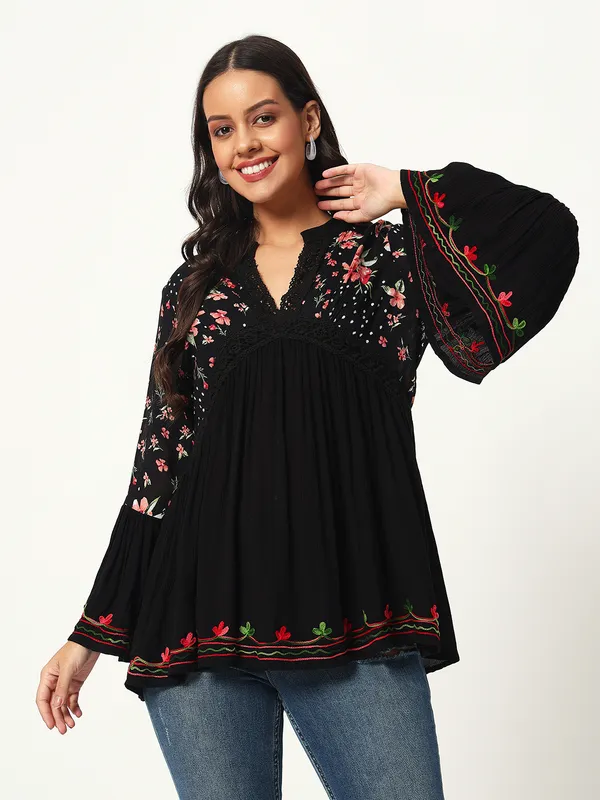 BLACK__V_NECK_CROCHET_LACE_EMBRIODERED_BELL_SLEEVES__FIT&_FLARE_TOP_FOR_PLUS_SIZE_AND_REGULAR_SIZE_WOMEN