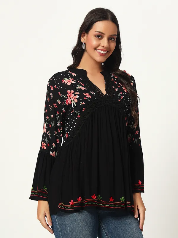 BLACK__V_NECK_CROCHET_LACE_EMBRIODERED_BELL_SLEEVES__FIT&_FLARE_TOP_FOR_PLUS_SIZE_AND_REGULAR_SIZE_WOMEN